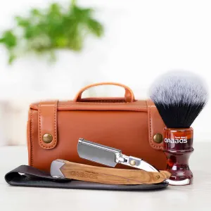 Travel Shaving Set, Vegan Brush with Straight Razor and Case, Portable Bag