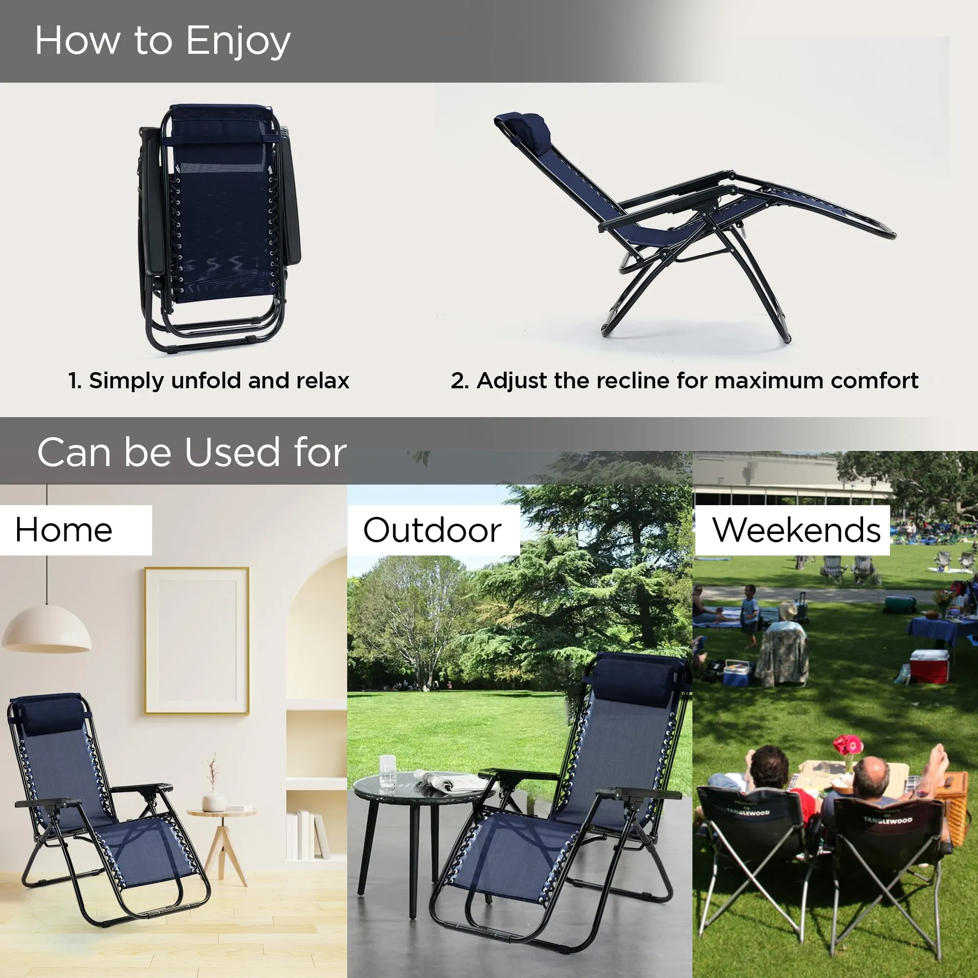 UMAI Recliner Chair | Comfortable, Portable Folding Chair | for Relaxing in The Home, Lounge, Room, Lawn or Balcony | Adjustable Pillow Included | Navy Blue