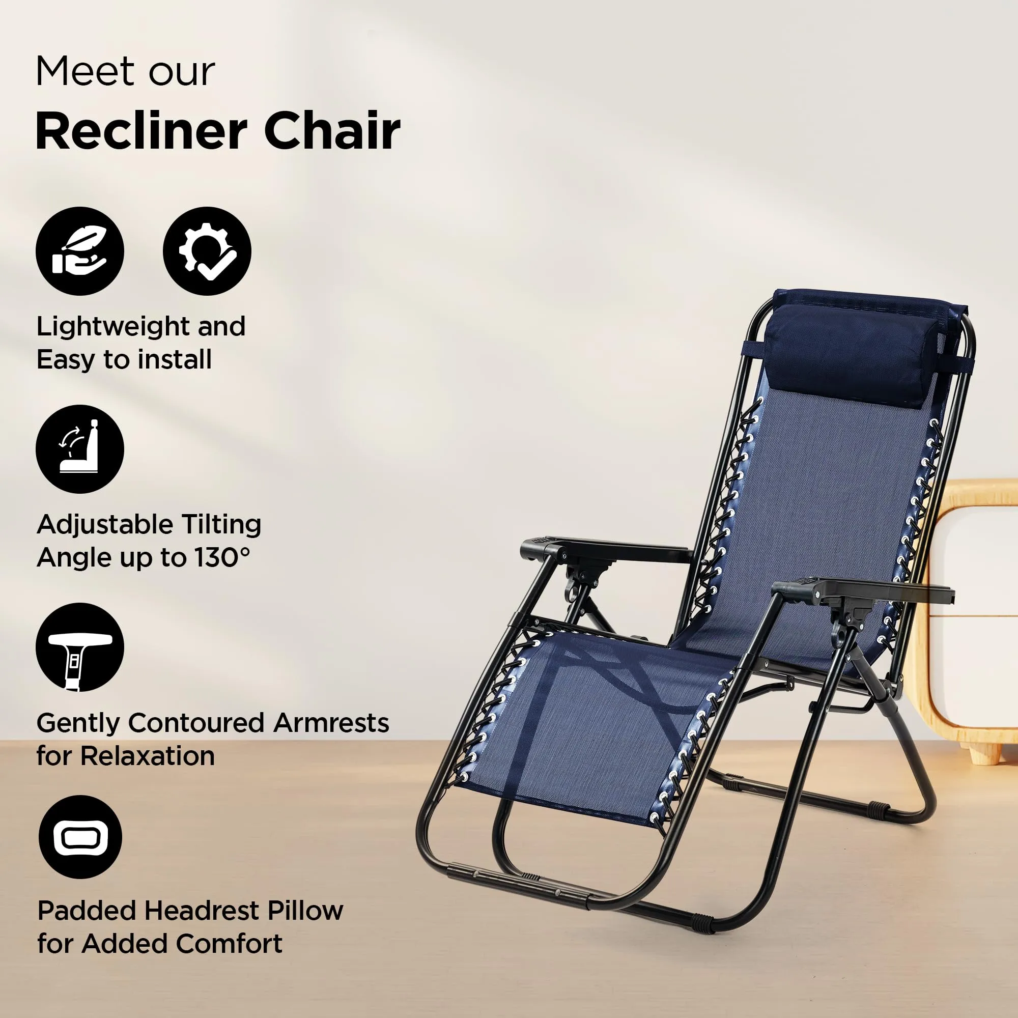 UMAI Recliner Chair | Comfortable, Portable Folding Chair | for Relaxing in The Home, Lounge, Room, Lawn or Balcony | Adjustable Pillow Included | Navy Blue