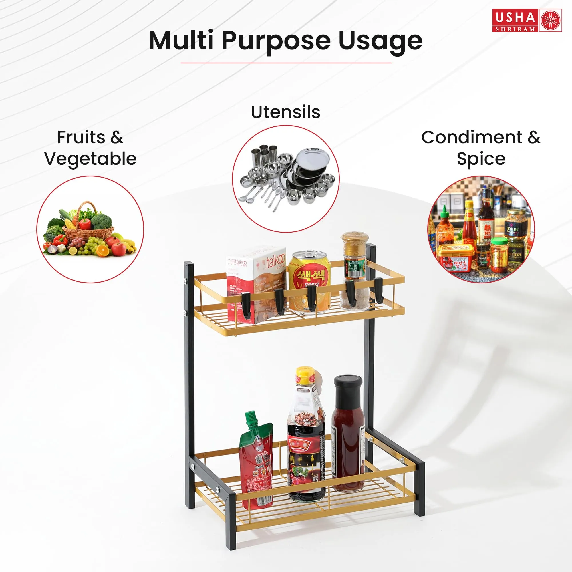 USHA SHRIRAM 2 Layer Carbon Steel Oil Bottle Holder For Kitchen(5Pcs) |360 Rotation | Wine Whiskey Bottle Holder | Shelf For Living Room | Storage Rack For Kitchen Organiser | Black Gold