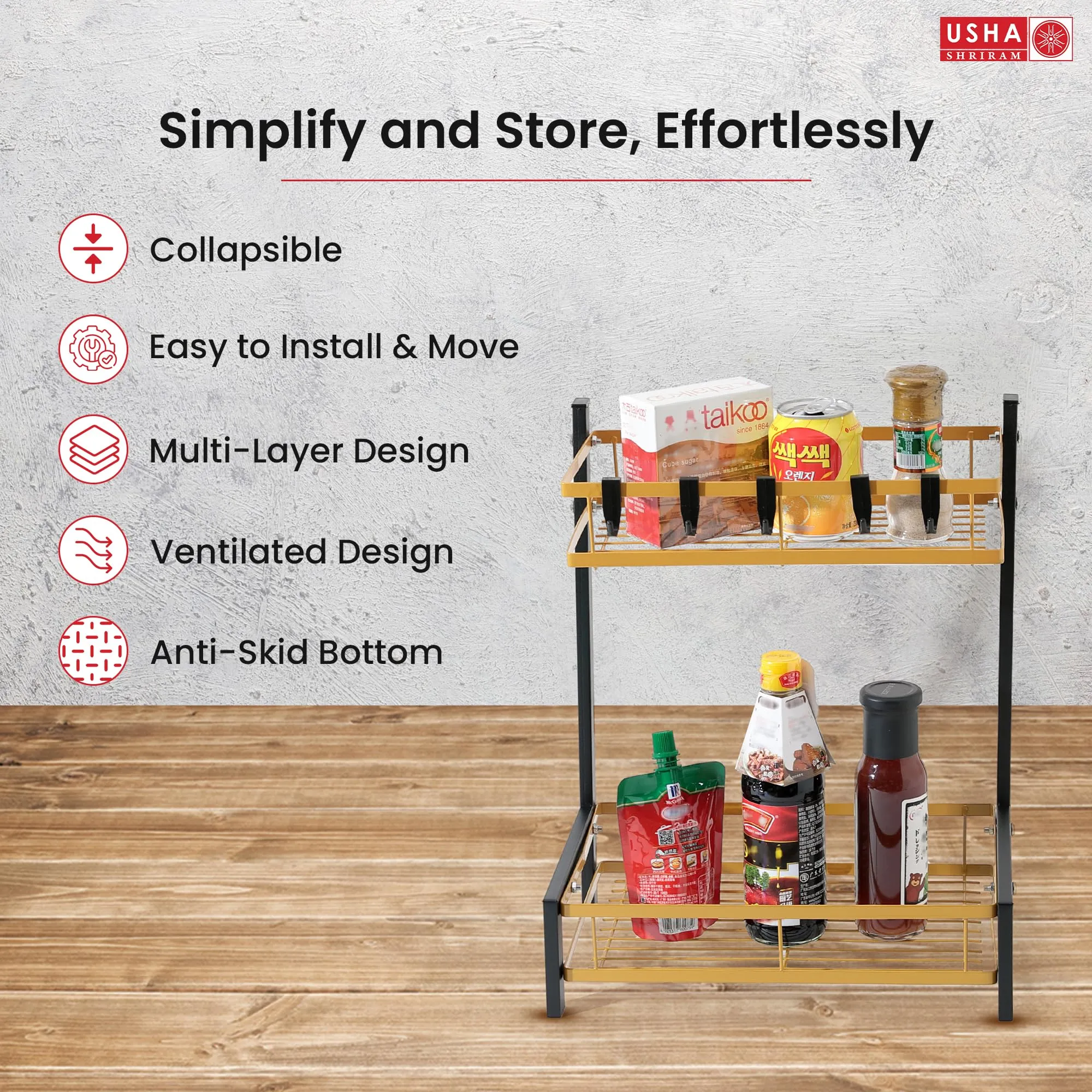 USHA SHRIRAM 2 Layer Carbon Steel Oil Bottle Holder For Kitchen(5Pcs) |360 Rotation | Wine Whiskey Bottle Holder | Shelf For Living Room | Storage Rack For Kitchen Organiser | Black Gold