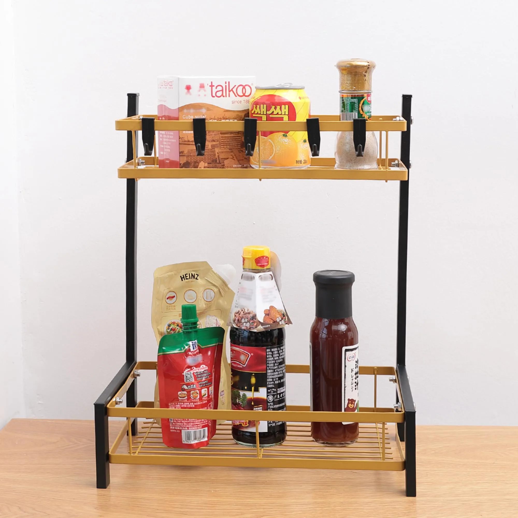 USHA SHRIRAM 2 Layer Carbon Steel Oil Bottle Holder For Kitchen(5Pcs) |360 Rotation | Wine Whiskey Bottle Holder | Shelf For Living Room | Storage Rack For Kitchen Organiser | Black Gold