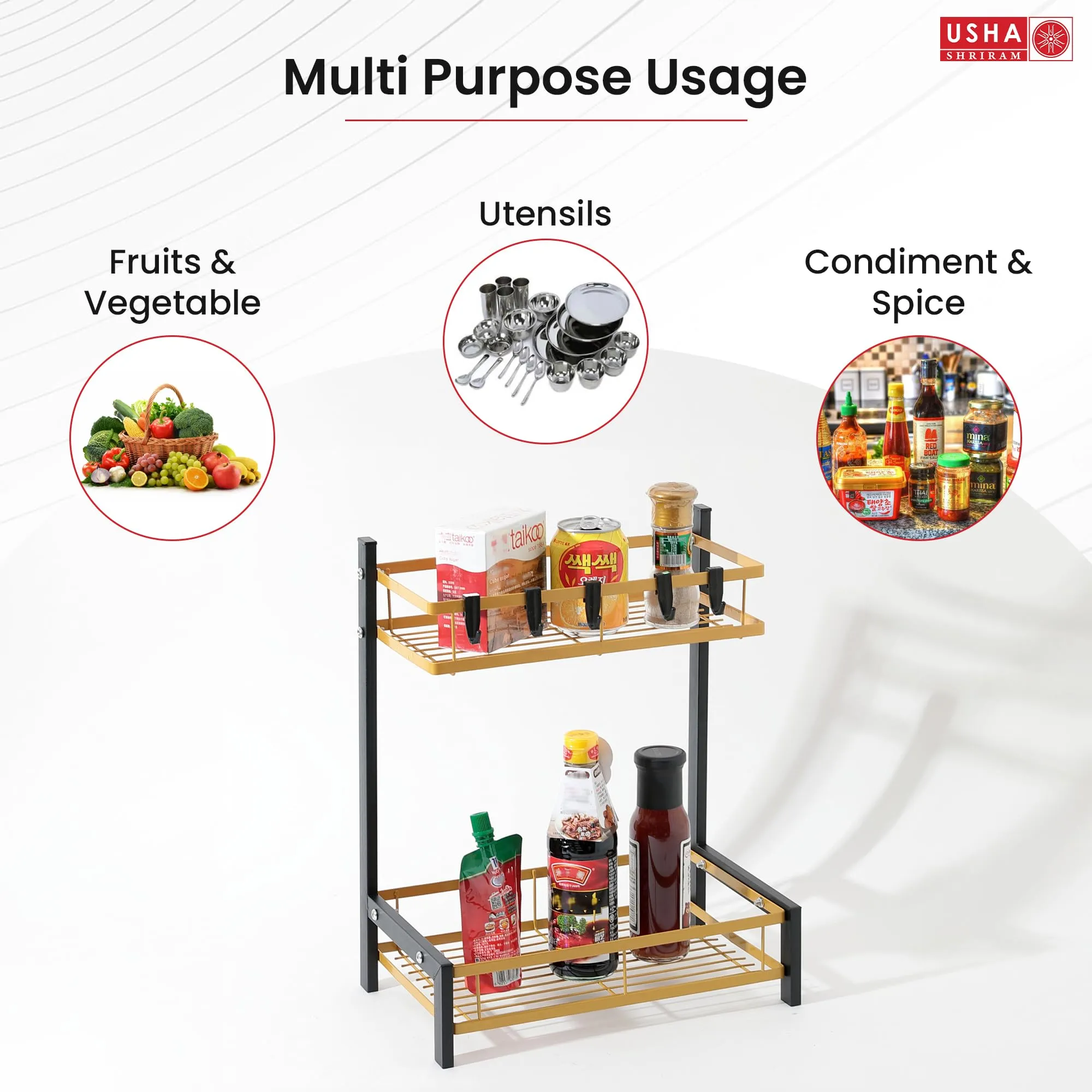 USHA SHRIRAM 2 Layer(2Pcs) Carbon Steel Oil Bottle Holder For Kitchen With Spoon Holder |360 Rotation | Wine Whiskey Bottle Holder | Shelf For Kitchen | Storage Rack For Kitchen Organiser | Black Gold