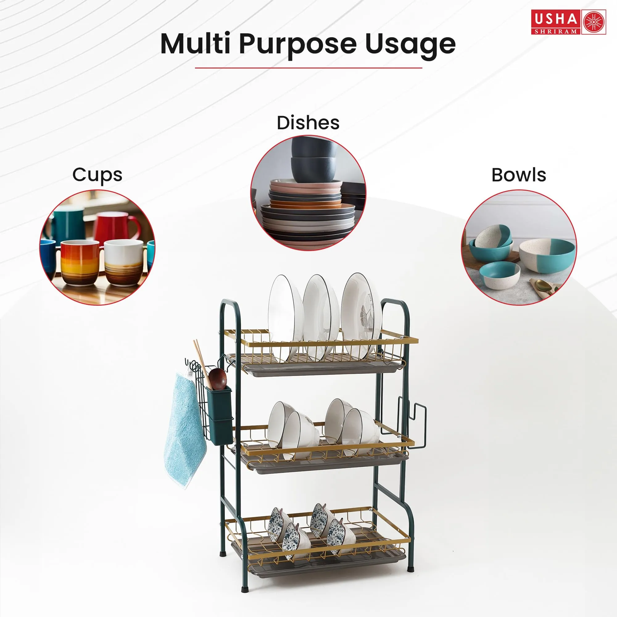 USHA SHRIRAM 3 Layer Carbon Steel Plate Bowl Holder | Sink Organiser In Kitchen | Spoon Knife Holder | Utensil Dish Organiser For Kitchen With Spoon Knife Holder Hooks | Kitchen Sink Organiser | Gold