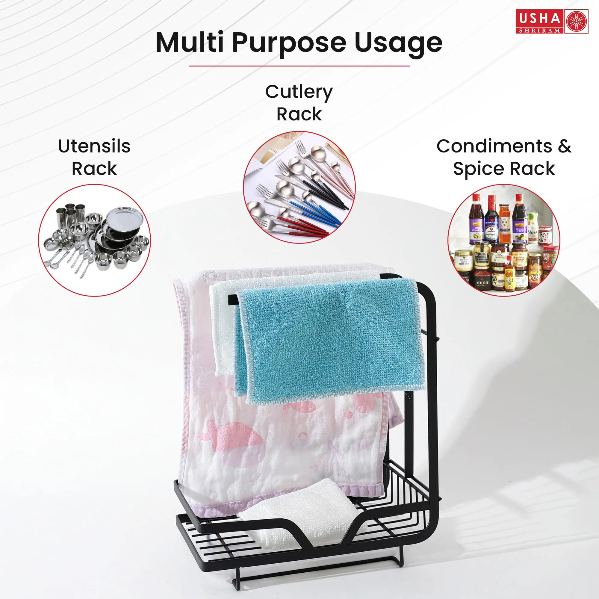 USHA SHRIRAM Carbon Steel Bathroom Organiser Stand (2Pcs) | Kitchen Sink Organiser | Kitchen Organiser Space Saver | Kitchen Bothroom Towel Holder | Psoap Holder For Kitchen Sink | Black