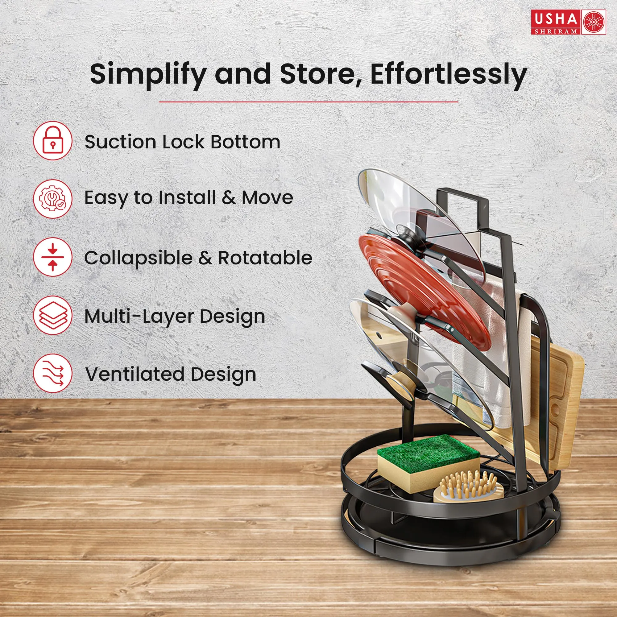 USHA SHRIRAM Carbon Steel Lid Chopping Board Holder For Kitchen (3Pcs) | Kitchen Sink Organiser | Kitchen Organiser Space Saver | Tray Organiser For Kitchen |Plate Organiser For Kitchen | 360 rotation