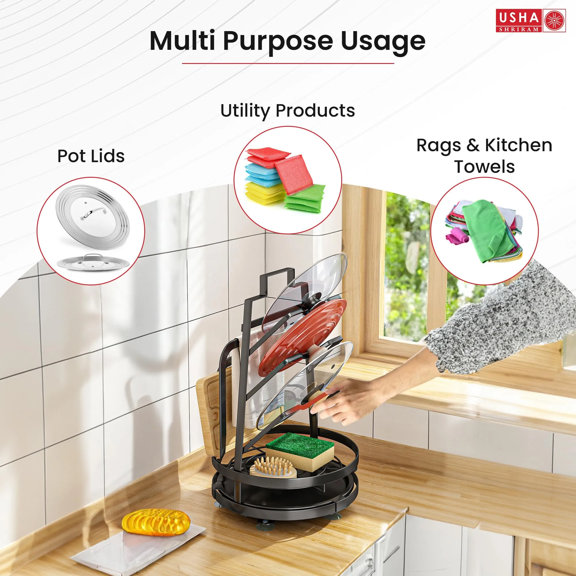 USHA SHRIRAM Carbon Steel Lid Chopping Board Holder For Kitchen (5Pcs) | Kitchen Sink Organiser | Kitchen Organiser Space Saver | Tray Organiser For Kitchen |Plate Organiser For Kitchen | 360 rotation