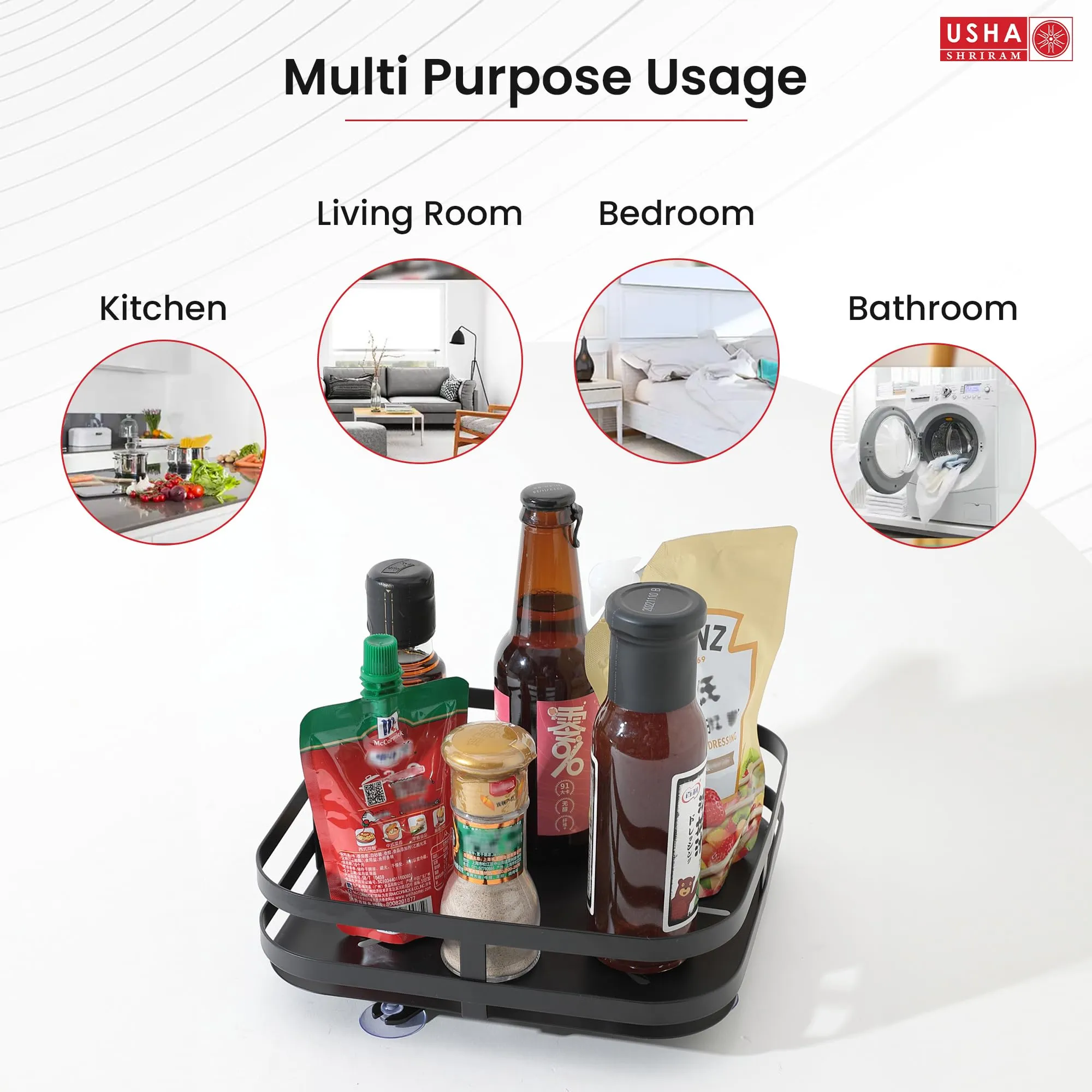 USHA SHRIRAM Carbon Steel Oil Bottle Holder For Kitchen |360 Rotation | Wine Whiskey Bottle Holder | Kitchen Organiser Space Saver | Storage Rack For Kitchen Organiser (Pack of 1, Square - 1 Layer)