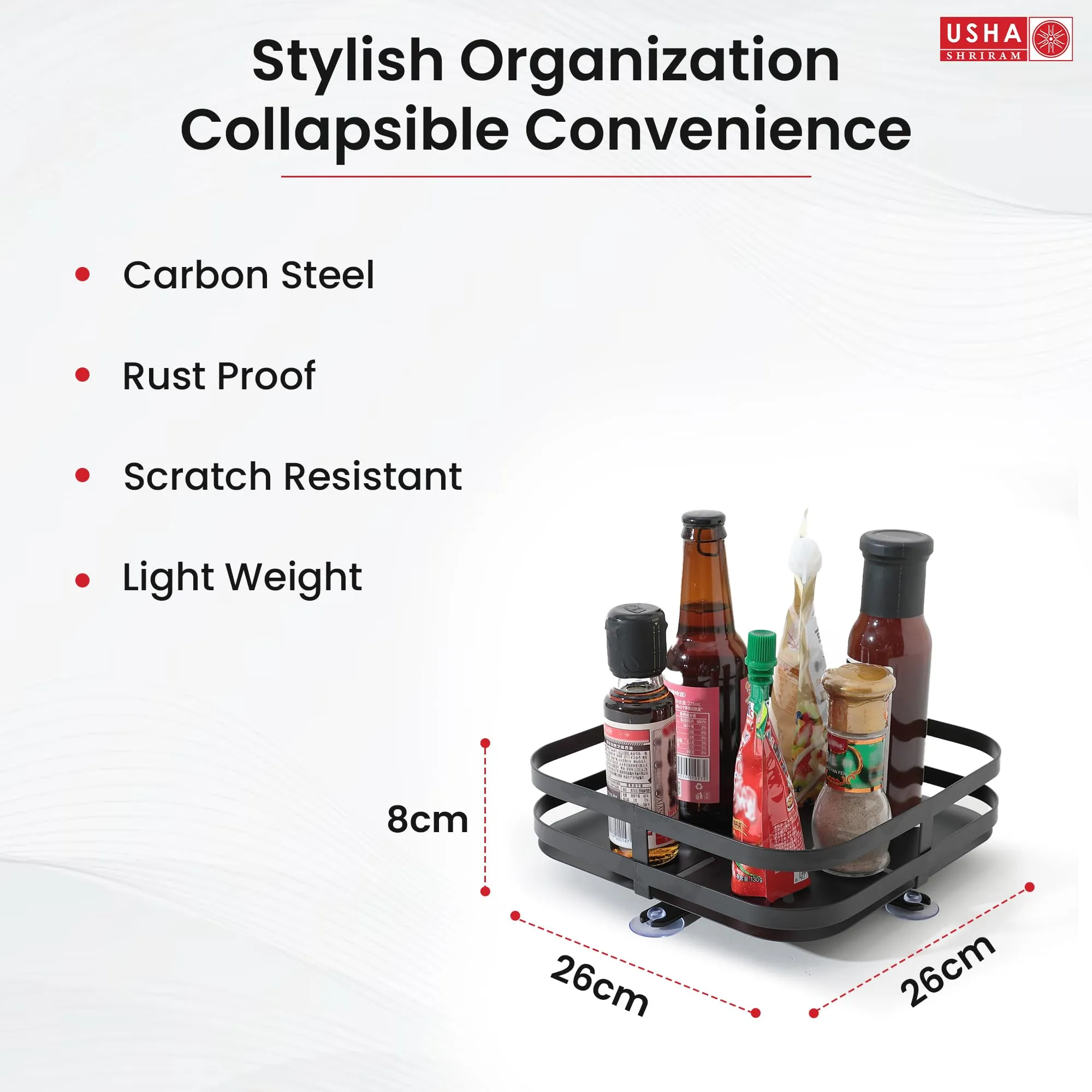 USHA SHRIRAM Carbon Steel Oil Bottle Holder For Kitchen |360 Rotation | Wine Whiskey Bottle Holder | Kitchen Organiser Space Saver | Storage Rack For Kitchen Organiser (Pack of 1, Square - 1 Layer)