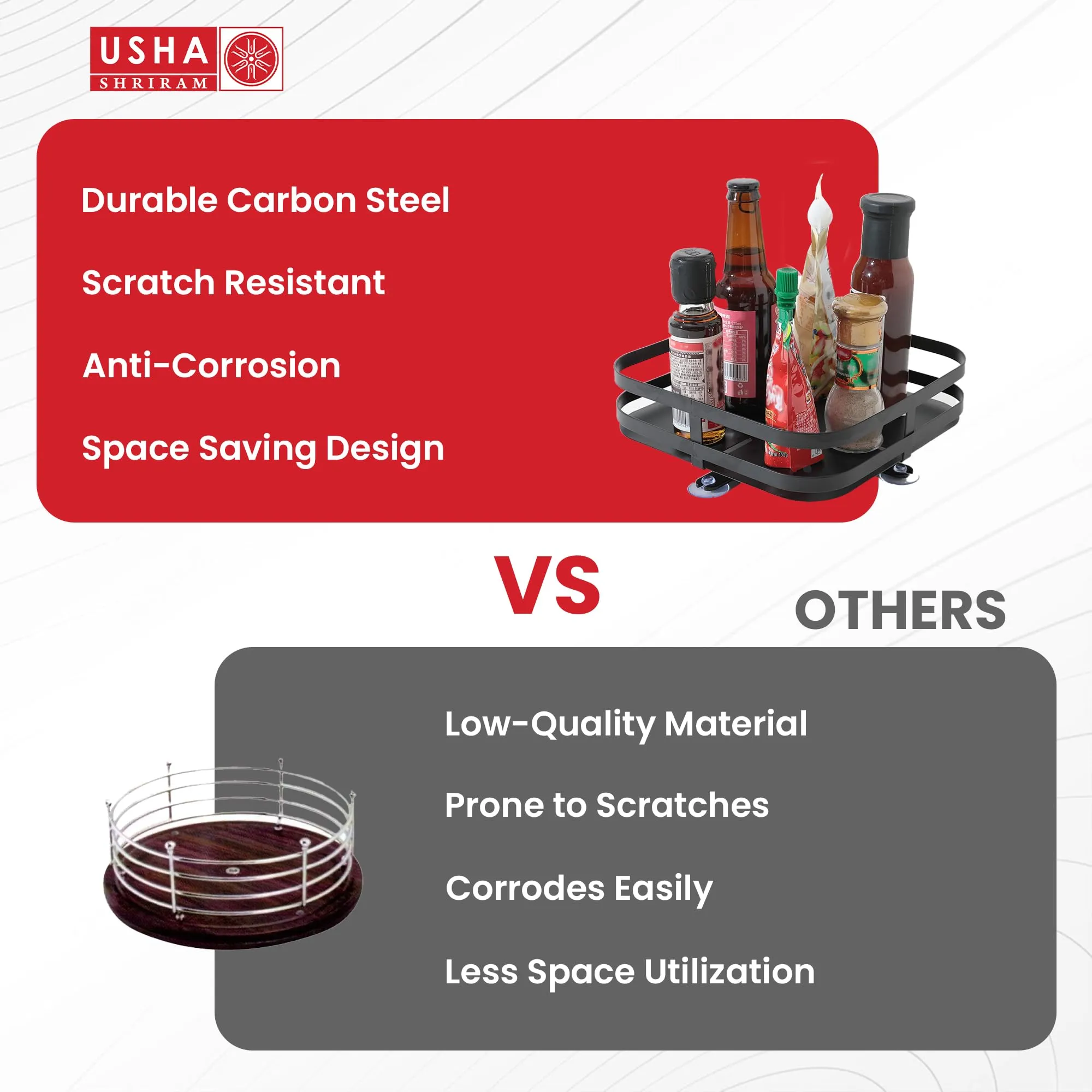 USHA SHRIRAM Carbon Steel Oil Bottle Holder For Kitchen |360 Rotation | Wine Whiskey Bottle Holder | Kitchen Organiser Space Saver | Storage Rack For Kitchen Organiser (Pack of 1, Square - 1 Layer)