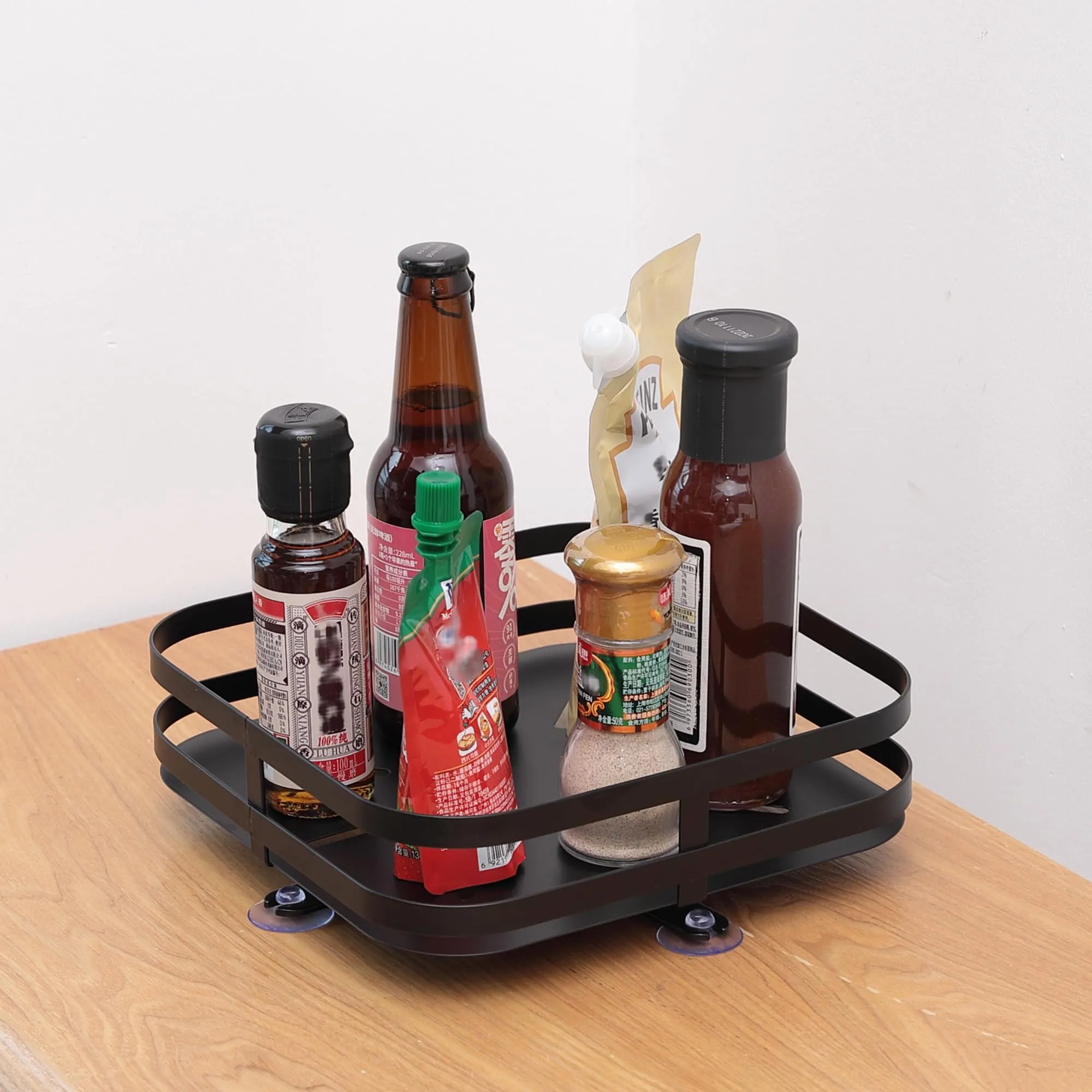 USHA SHRIRAM Carbon Steel Oil Bottle Holder For Kitchen |360 Rotation | Wine Whiskey Bottle Holder | Kitchen Organiser Space Saver | Storage Rack For Kitchen Organiser (Pack of 1, Square - 1 Layer)