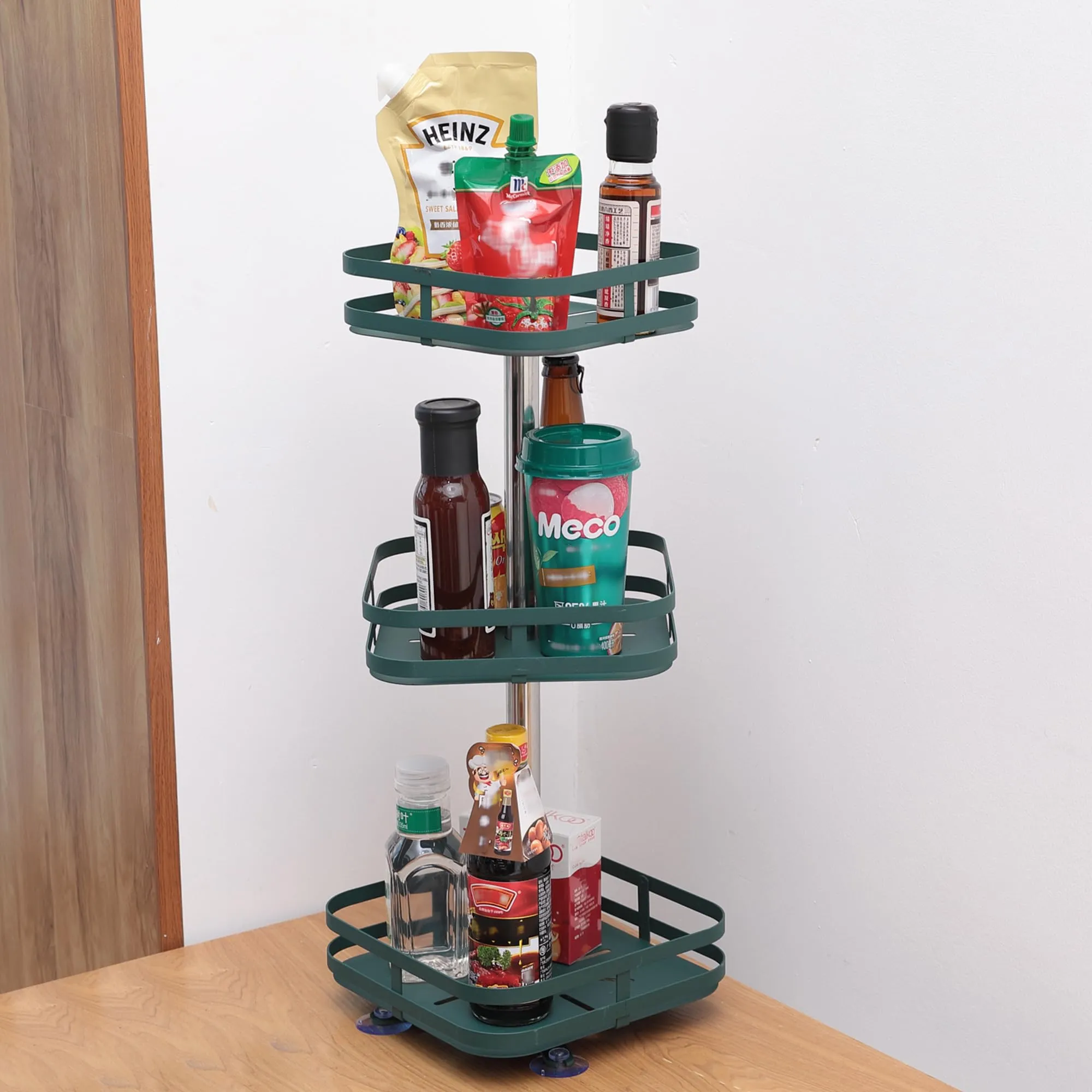 USHA SHRIRAM Carbon Steel Oil Bottle Holder For Kitchen |360 Rotation | Wine Whiskey Bottle Holder | Kitchen Organiser Space Saver | Storage Rack For Kitchen Organiser (Pack of 5, Square - 3 Layer)