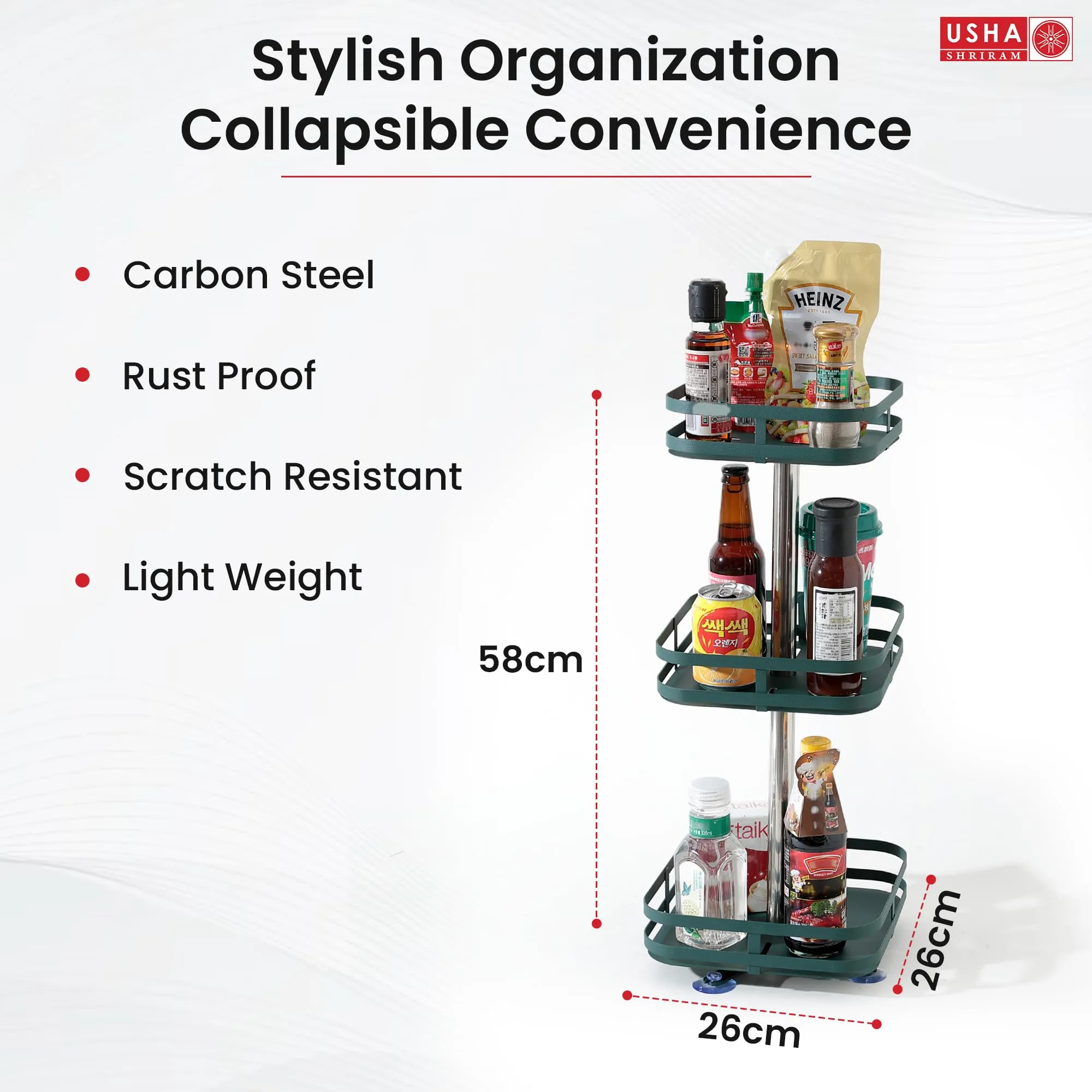 USHA SHRIRAM Carbon Steel Oil Bottle Holder For Kitchen |360 Rotation | Wine Whiskey Bottle Holder | Kitchen Organiser Space Saver | Storage Rack For Kitchen Organiser (Pack of 5, Square - 3 Layer)