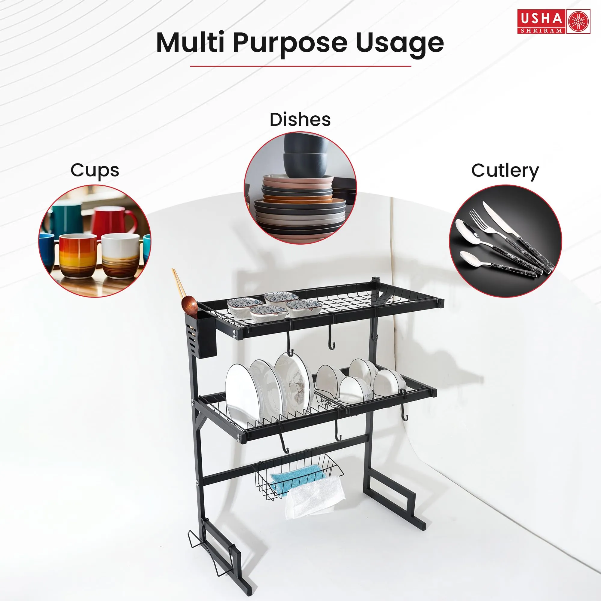 USHA SHRIRAM Carbon Steel Plate Bowl Holder | Sink Organiser In Kitchen | Utensil Dish Organiser For Kitchen With Spoon Knife Holder | Kitchen Sink Organiser For Washbasin (Pack of 1, Double Layer)