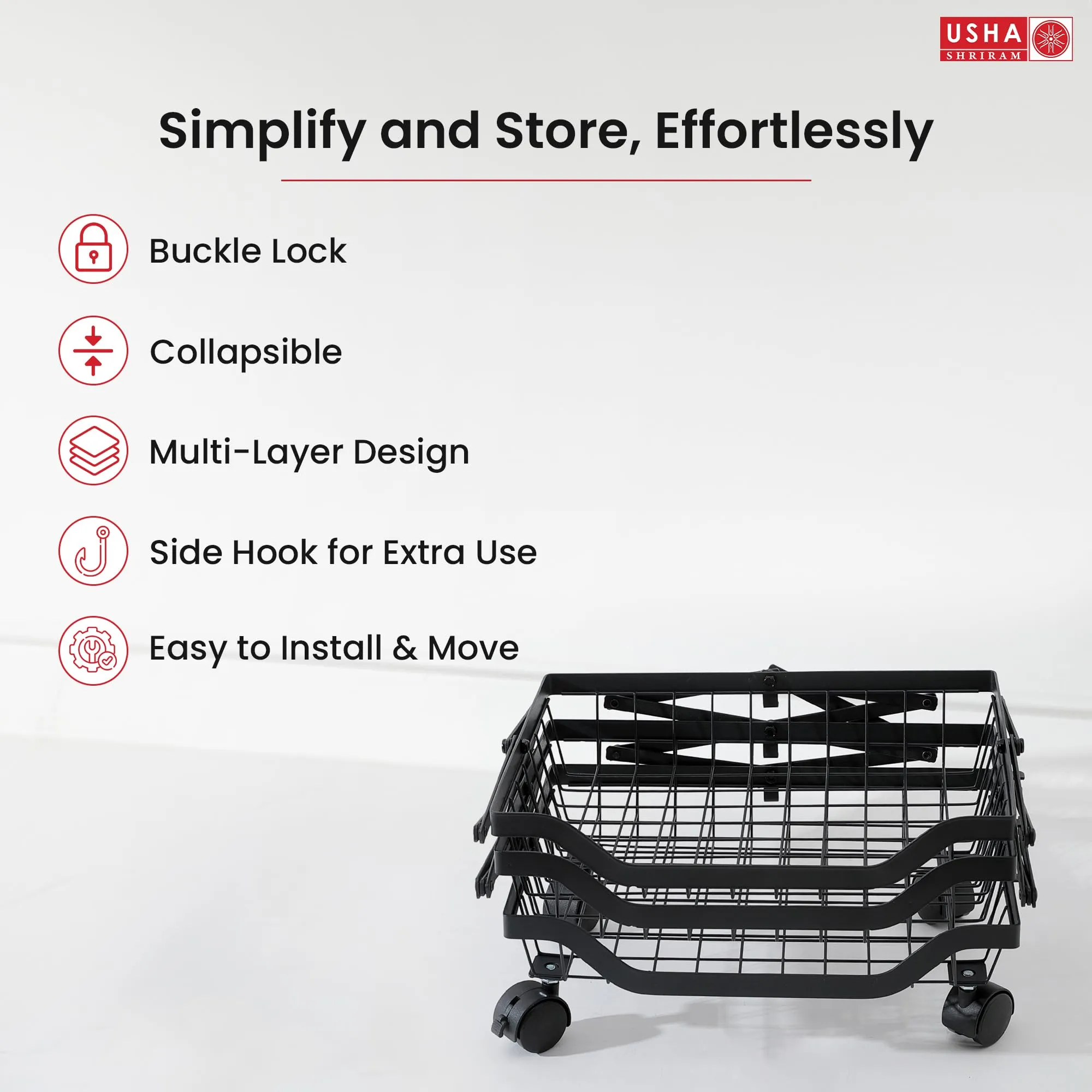 USHA SHRIRAM Carbon Steel Storage Rack for Kitchen |Counter for Vegetable Storage | Unbreakable | Rust - Resistance | Portable Storage Rack 3 Layers | Black Pack of 5