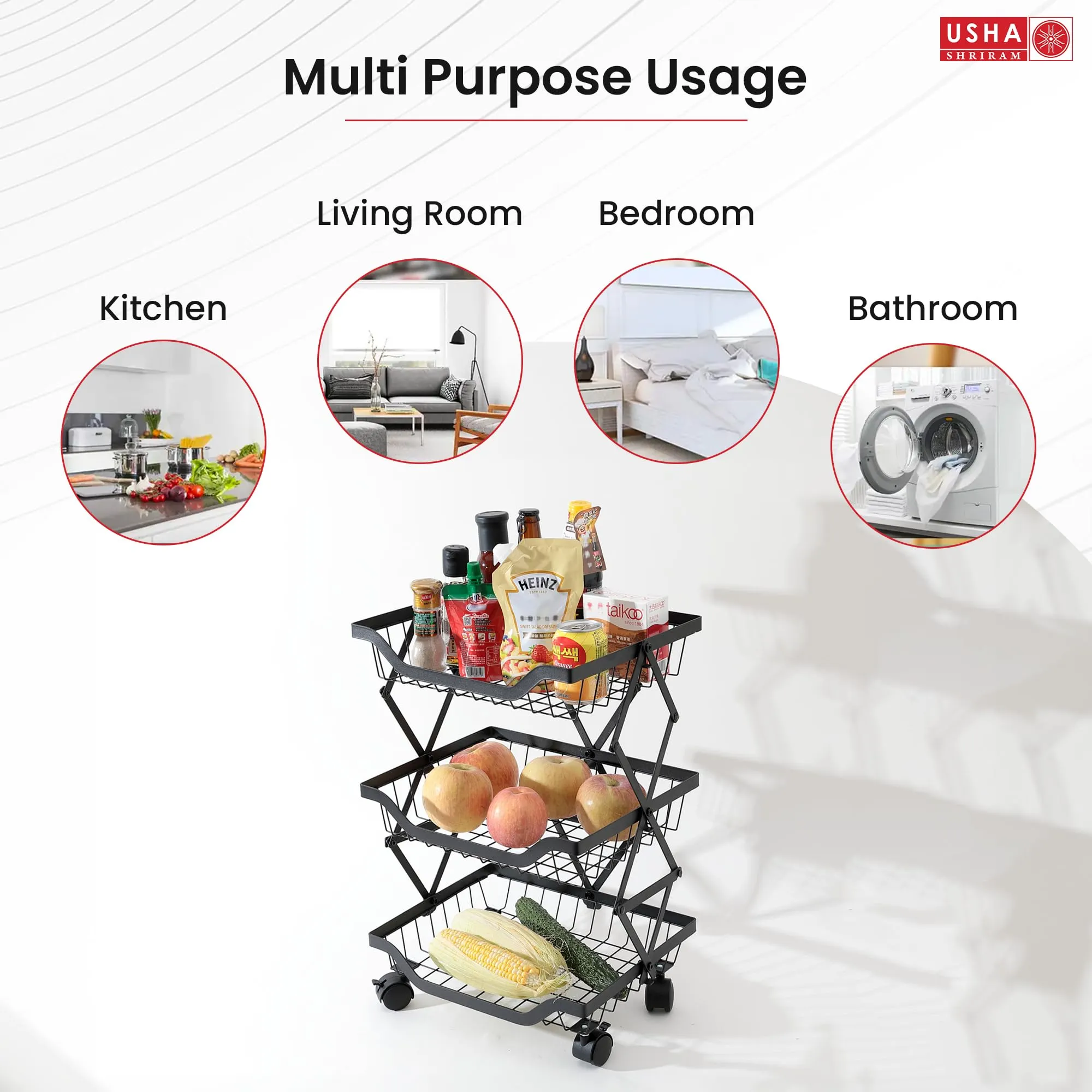 USHA SHRIRAM Carbon Steel Storage Rack for Kitchen |Counter for Vegetable Storage | Unbreakable | Rust - Resistance | Portable Storage Rack 3 Layers | Black Pack of 5