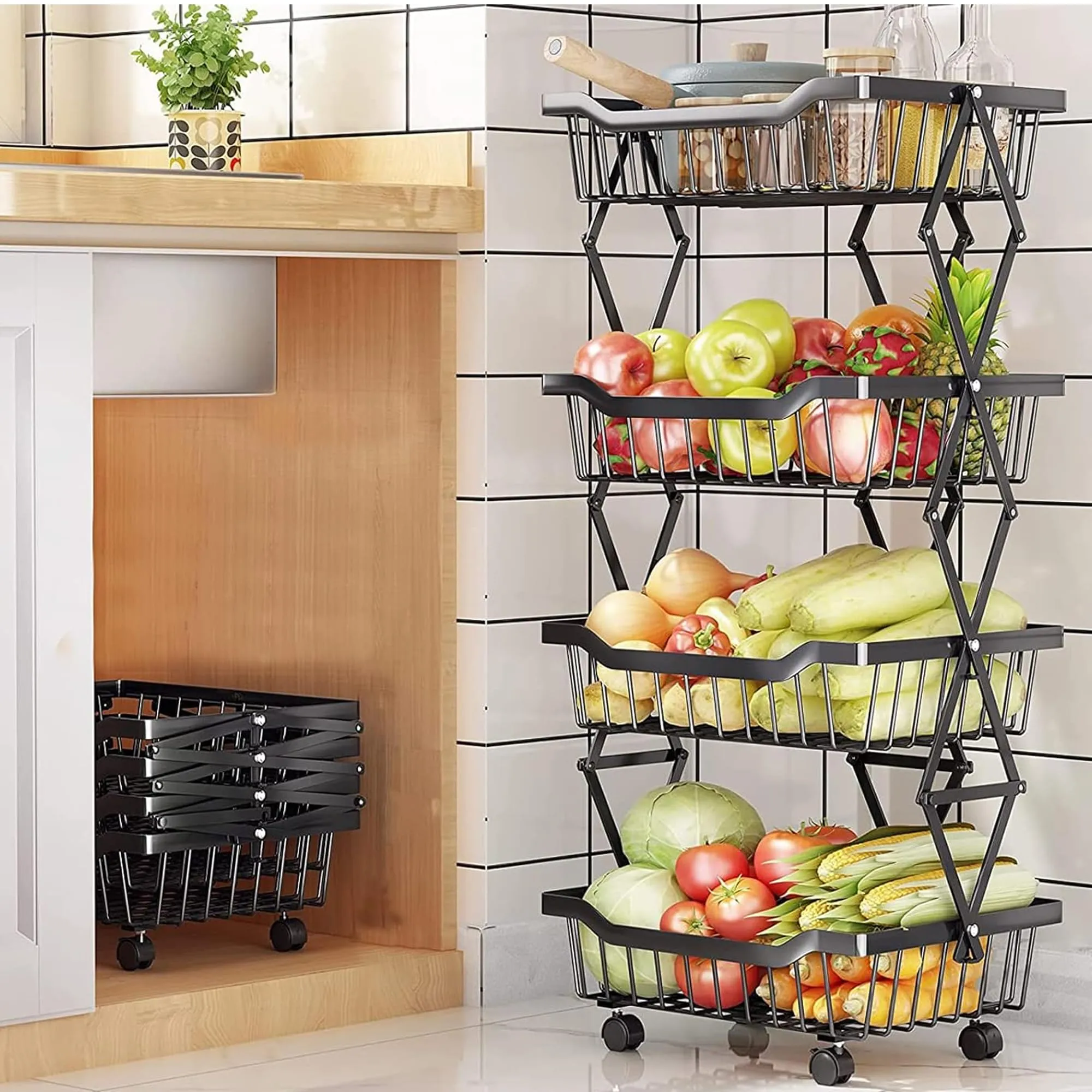 USHA SHRIRAM Collapsible storage baskets Black | Stackable Kitchen Basket For Storage | Carbon Steel Collapsible Foldable Basket For Fruits And Vegetables | Rust-Resistant (5Pcs - 4 layer)