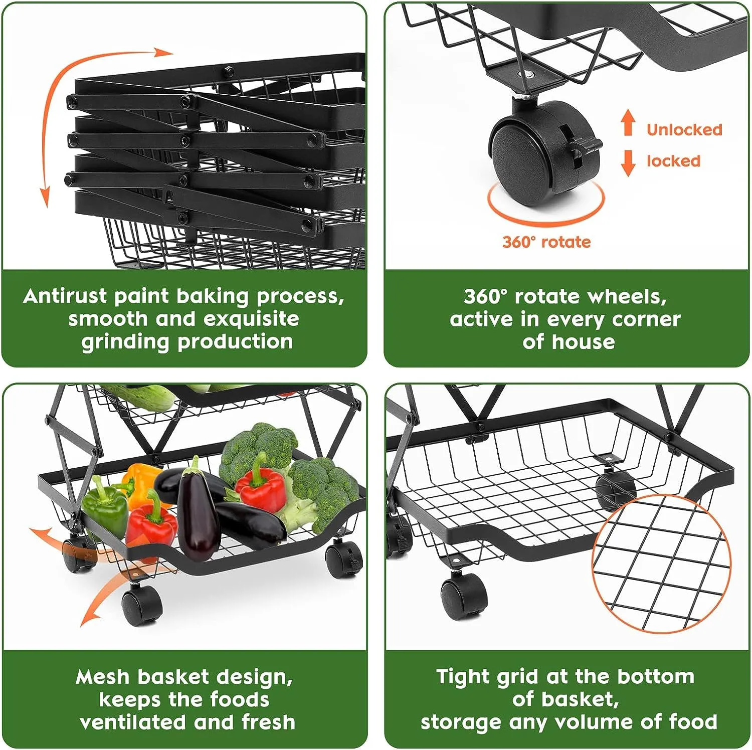 USHA SHRIRAM Collapsible storage baskets Black | Stackable Kitchen Basket For Storage | Carbon Steel Collapsible Foldable Basket For Fruits And Vegetables | Rust-Resistant | Unbreakable (4 layer)