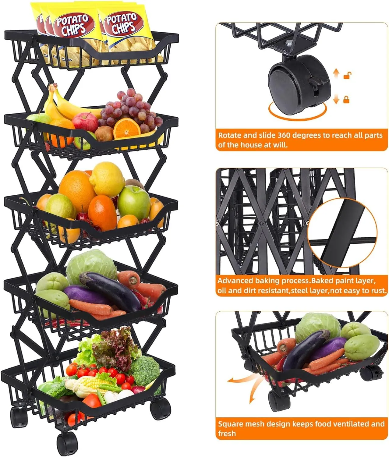 USHA SHRIRAM Collapsible storage baskets Black | Stackable Kitchen Basket For Storage | Carbon Steel Collapsible Foldable Basket For Fruits And Vegetables | Rust-Resistant | Unbreakable (5 layer)