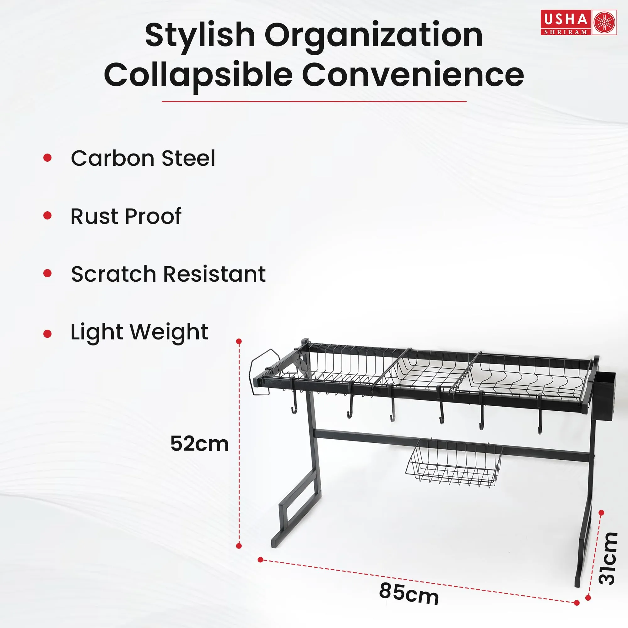 USHA SHRIRAM Drain Rack Series Single Layer (Black - 5Pcs) | Stackable Kitchen Basket for Storage | Carbon Steel Collapsible Foldable Basket for Fruits and Vegetables | Rust-Resistant | Unbreakable