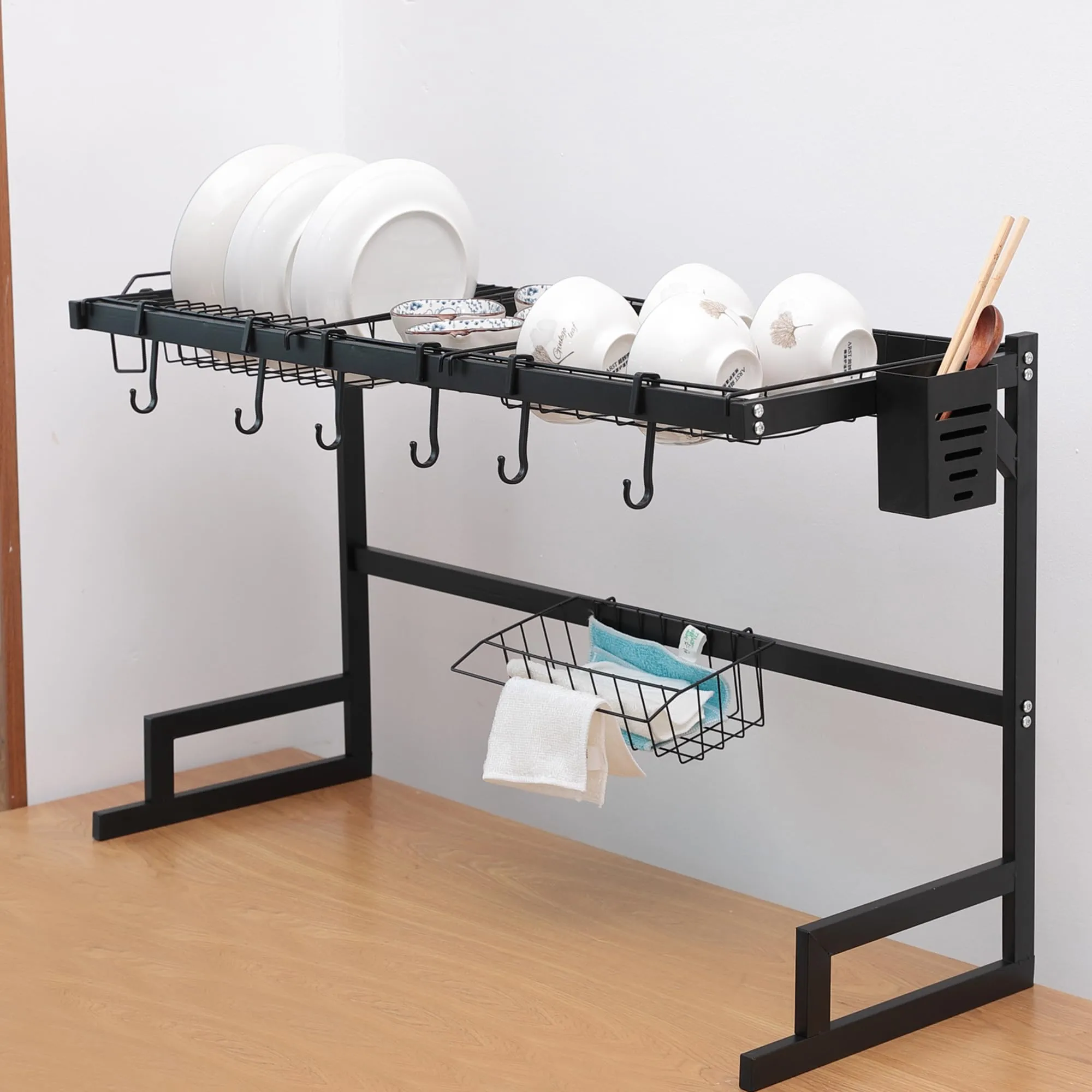 USHA SHRIRAM Drain Rack Series Single Layer (Black - 5Pcs) | Stackable Kitchen Basket for Storage | Carbon Steel Collapsible Foldable Basket for Fruits and Vegetables | Rust-Resistant | Unbreakable