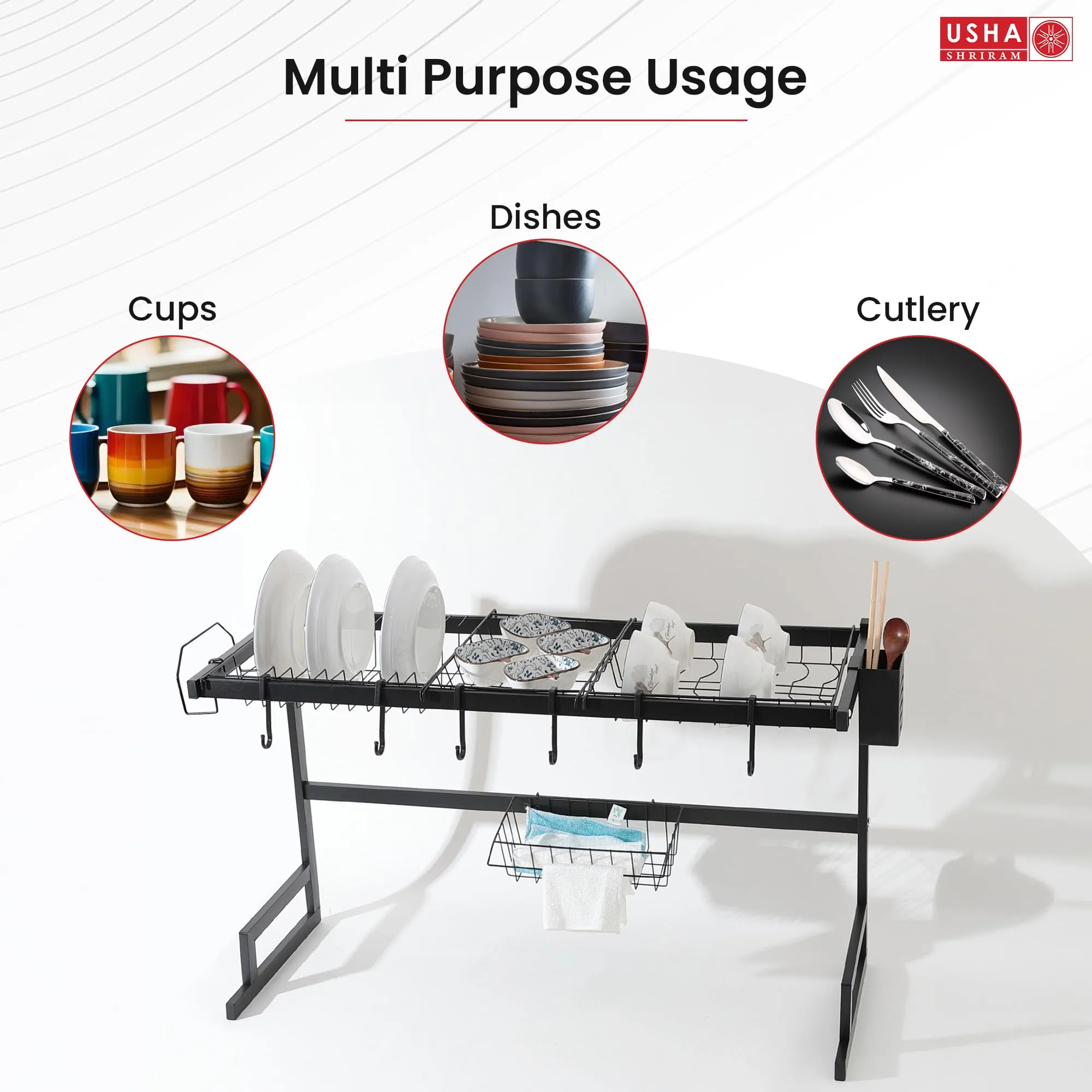 USHA SHRIRAM Drain Rack Series Single Layer (Black - 5Pcs) | Stackable Kitchen Basket for Storage | Carbon Steel Collapsible Foldable Basket for Fruits and Vegetables | Rust-Resistant | Unbreakable