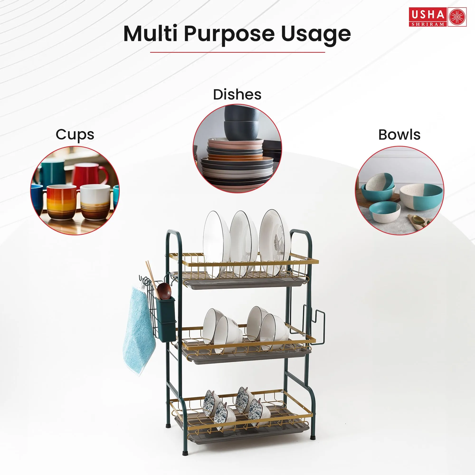 USHA SHRIRAM Free Mounting Dish Rack | Stackable Kitchen Basket For Storage | Carbon Steel Collapsible Foldable Basket For Fruits And Vegetables (2Pcs - Bowl Holder - 3 layer)