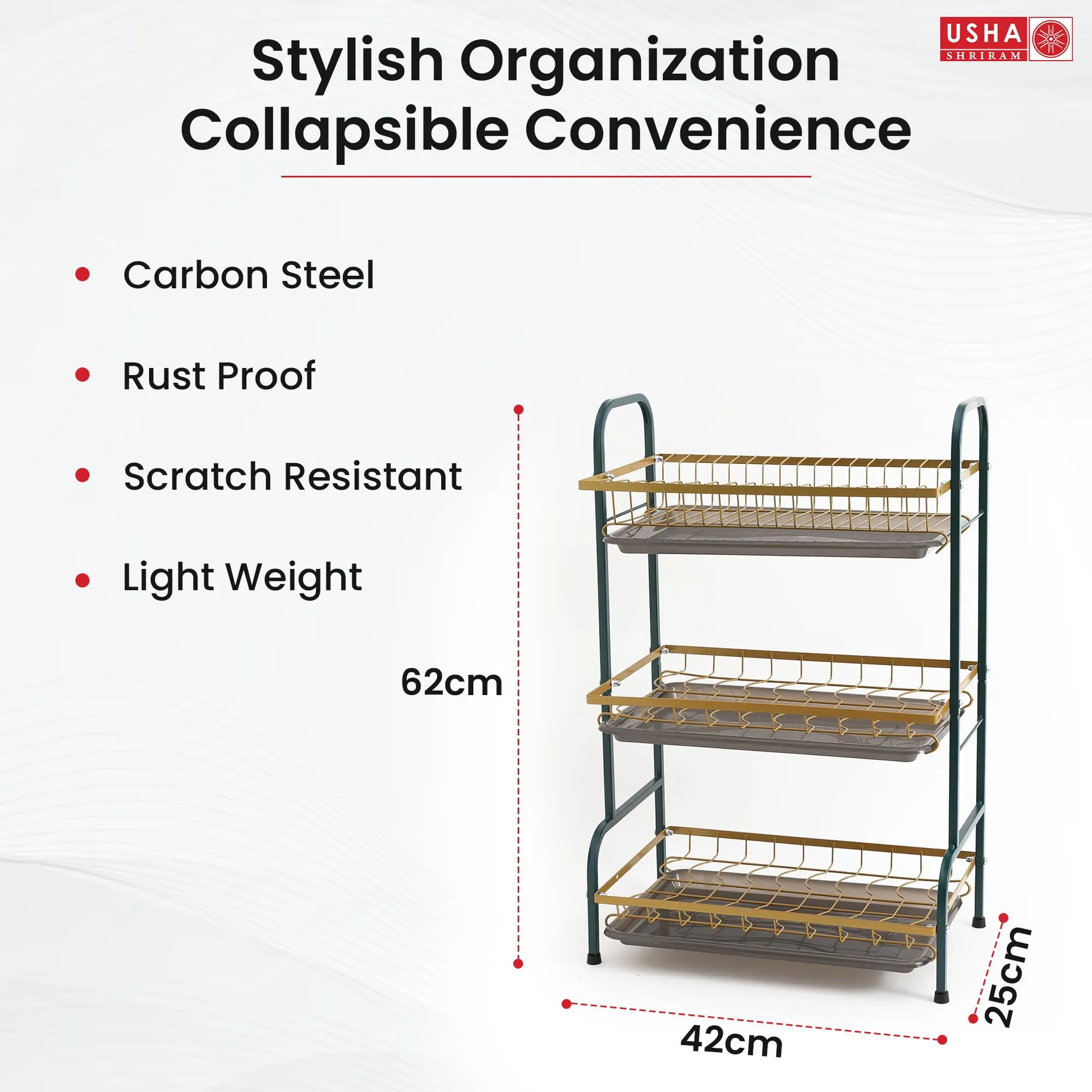 USHA SHRIRAM Free Mounting Dish Rack | Stackable Kitchen Basket For Storage | Carbon Steel Collapsible Foldable Basket For Fruits And Vegetables | Rust-Resistant | Unbreakable (Bowl Holder - 3 layer)