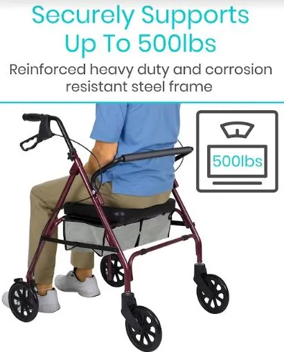 Vive Bariatric Steel Frame Rollator | Extra-Wide Seat | 500 lbs. Limit