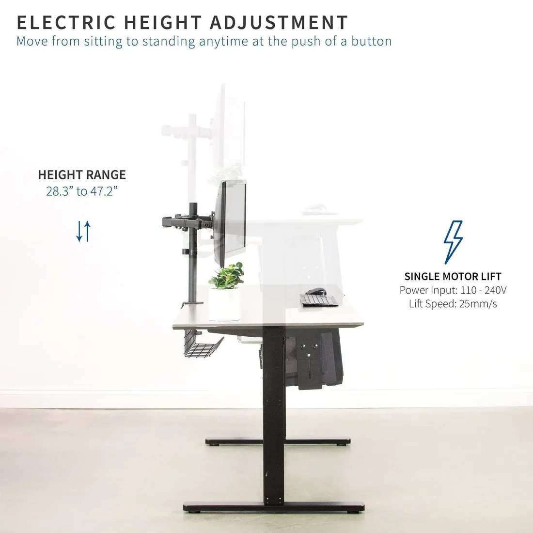 VIVO 37"-55" Electric Single Motor Desk Frame, DESK-EV00B,DESK-EV00W