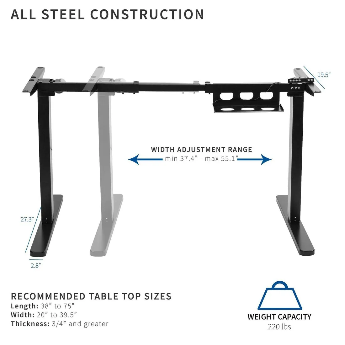 VIVO 37"-55" Electric Single Motor Desk Frame, DESK-EV00B,DESK-EV00W