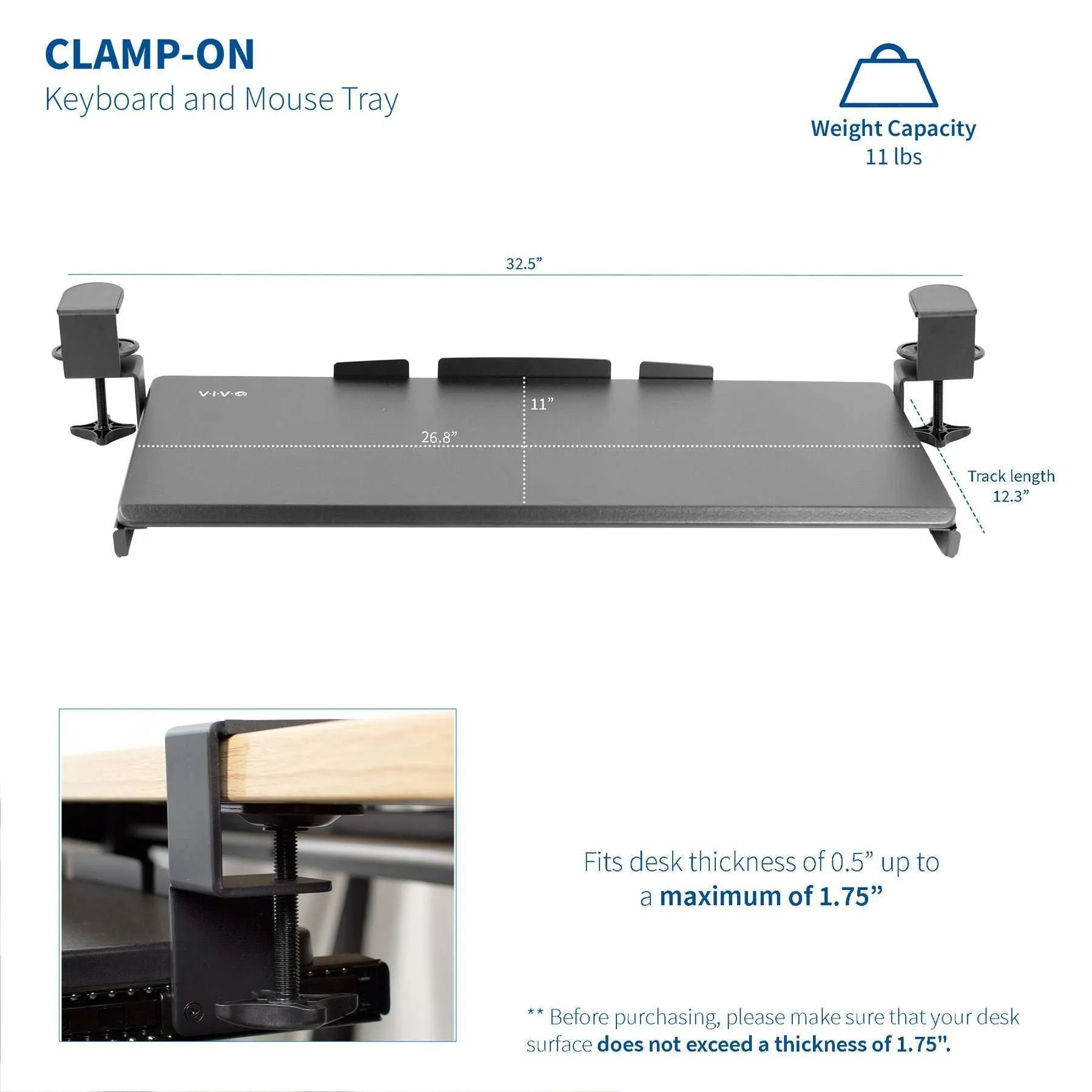 VIVO Black Clamp-on Keyboard Tray, MOUNT-KB05E