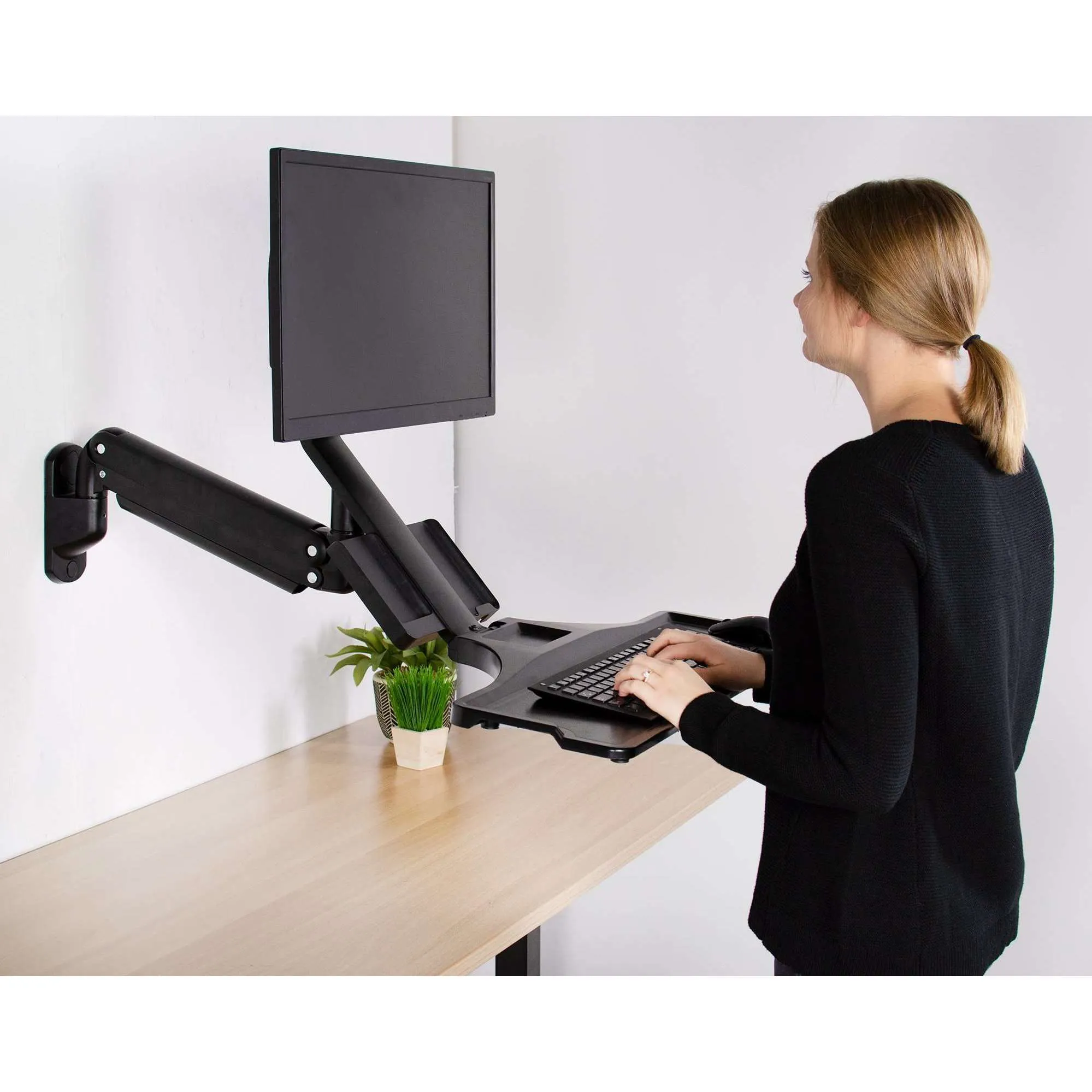 VIVO Black Sit-to-Stand Single Monitor Wall Mount Workstation, STAND-SIT1WD