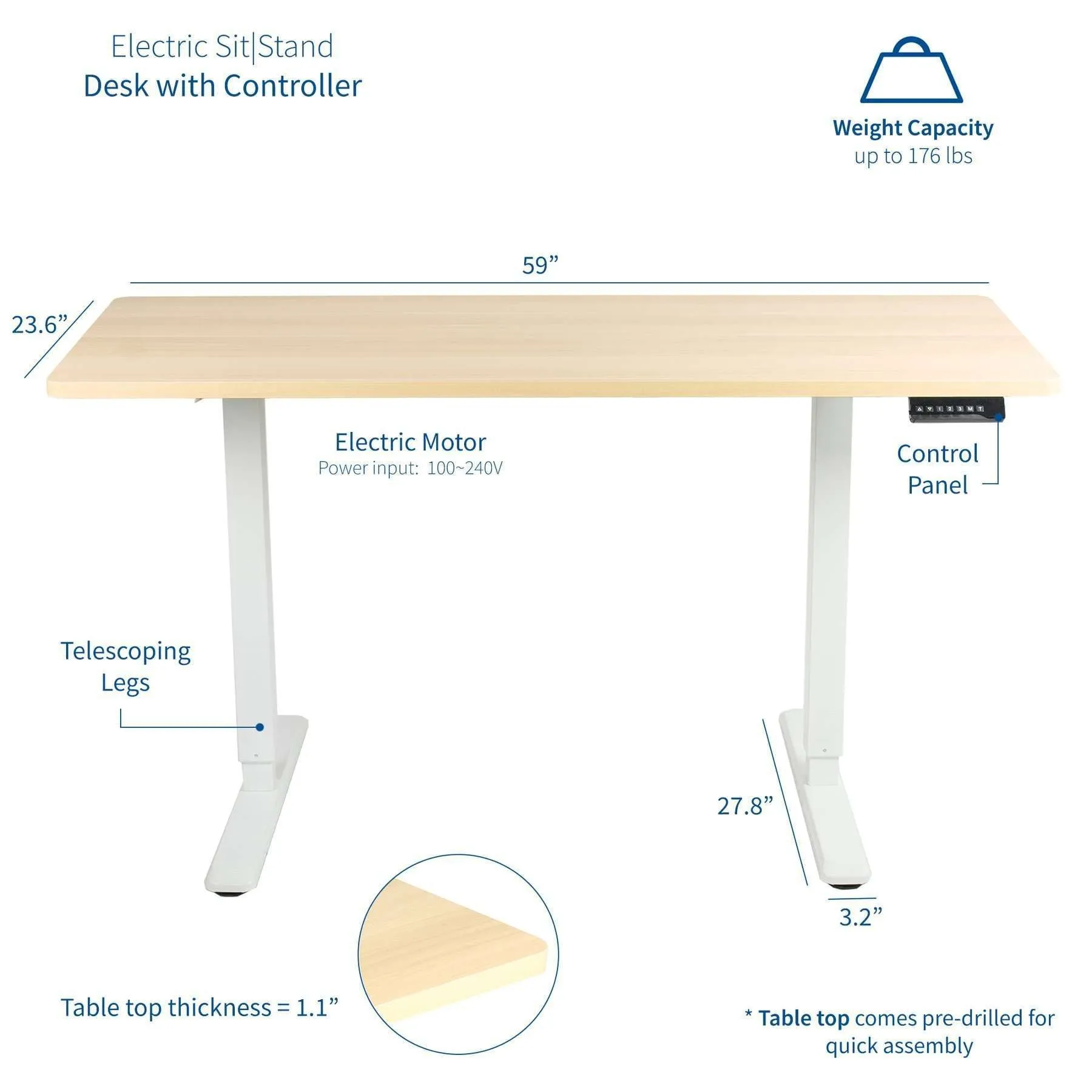 VIVO Electric 60” x 24” Standing Desk Light Wood Top White Frame w/ Memory Pad, DESK-KIT-1W6C