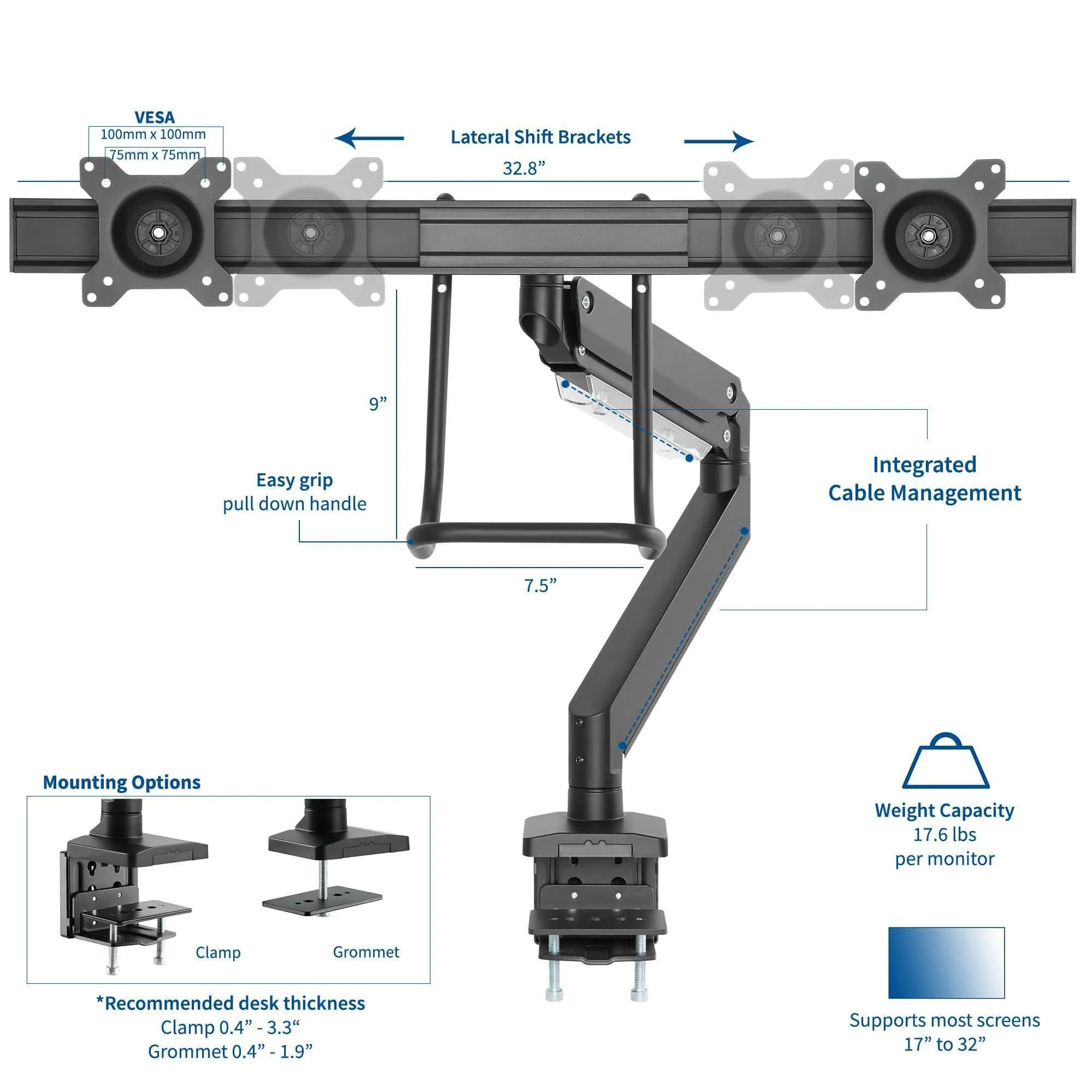 VIVO Pneumatic Arm Dual Monitor Desk Mount with Pull Handle, STAND-V101G2