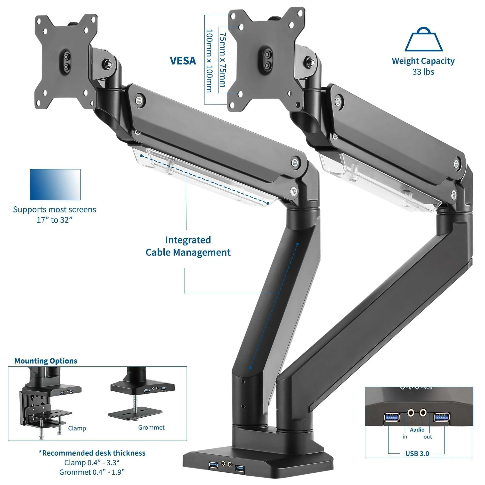 VIVO Premium Counter-Balanced Arm Dual-Monitor Desk Mount with USB3.0/Audio/Mic Ports, STAND-V102G2U