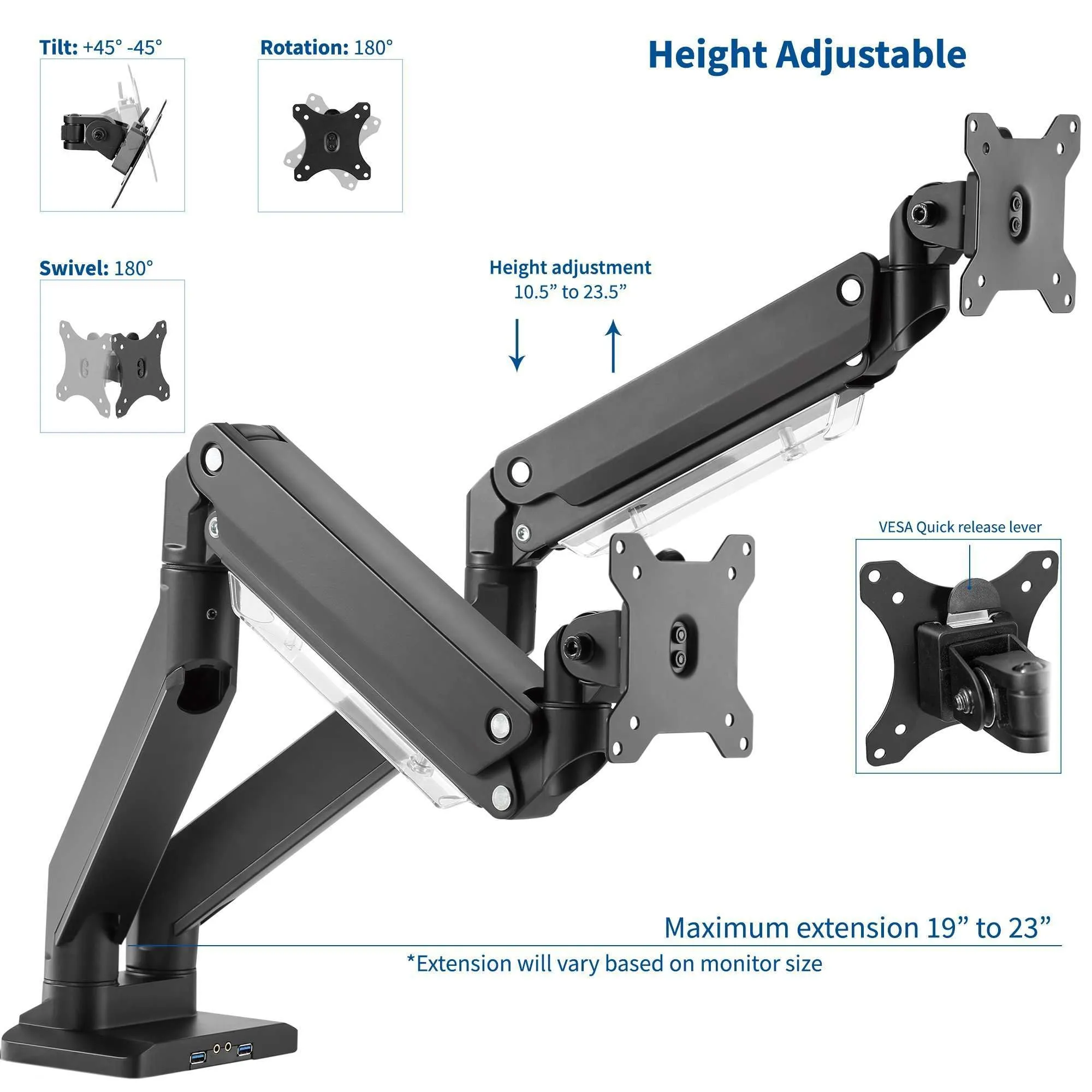 VIVO Premium Counter-Balanced Arm Dual-Monitor Desk Mount with USB3.0/Audio/Mic Ports, STAND-V102G2U