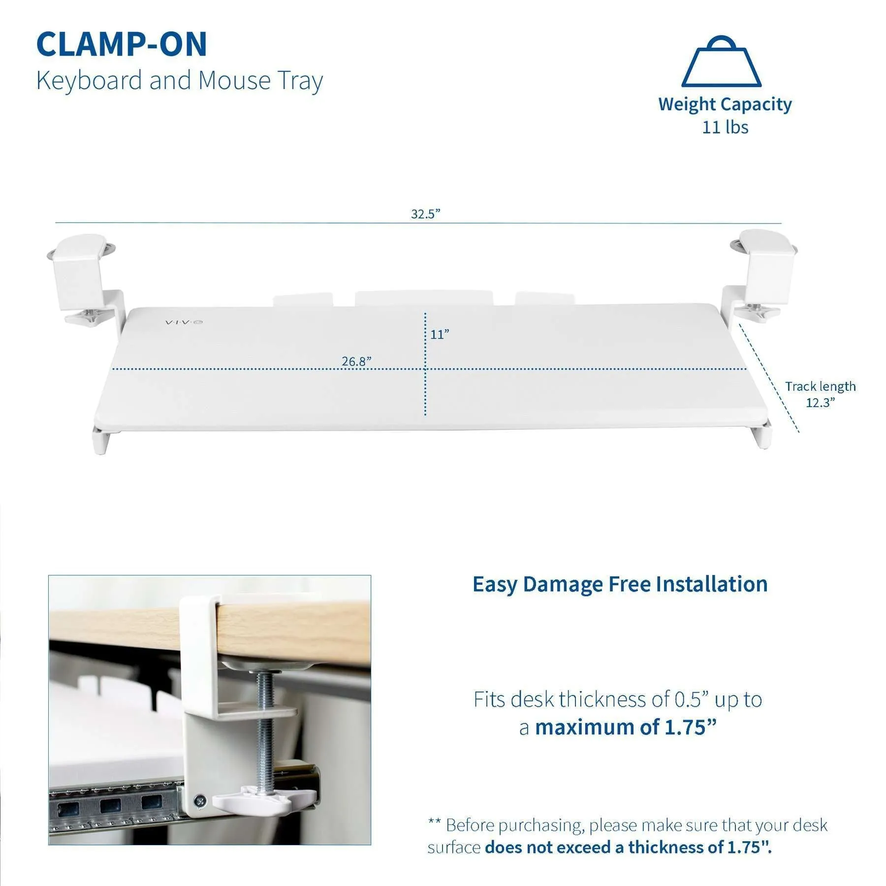 VIVO White Clamp-on Keyboard Tray, MOUNT-KB05W