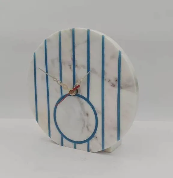 VR SOURCING White Marble Table Clock with Blue Stripes, 20 cm Diameter